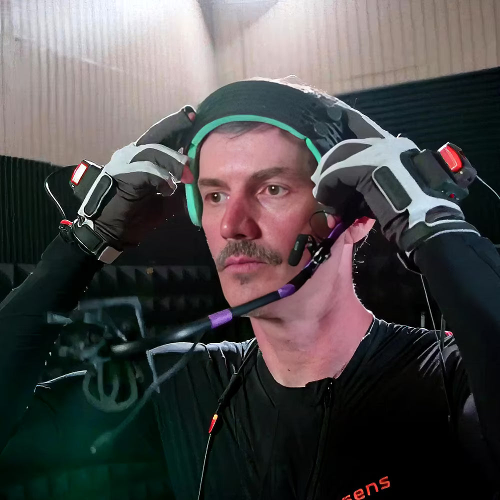 FaceCam iPhone HMC mocap helmet for Metahuman Animator worn by actor in motion capture suit, ideal for filmmakers and game developers.