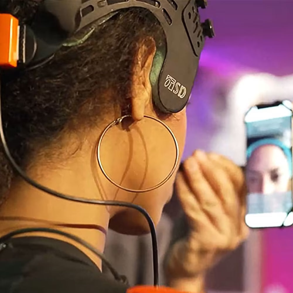 FaceCam iPhone HMC mocap helmet for Metahuman Animator in use, showing head-mounted camera setup capturing facial motion data with iPhone. Ideal for filmmakers and game developers.