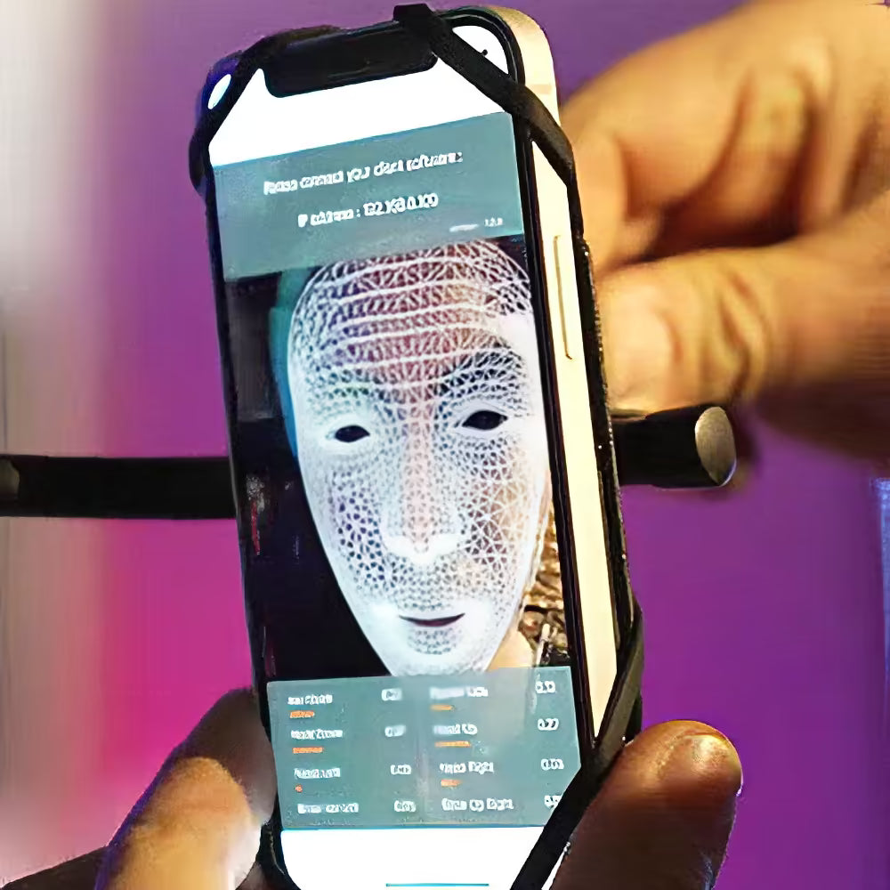 FaceCam iPhone HMC mocap helmet for Metahuman Animator showing facial tracking mesh on iPhone screen. Ideal for filmmakers and game developers.