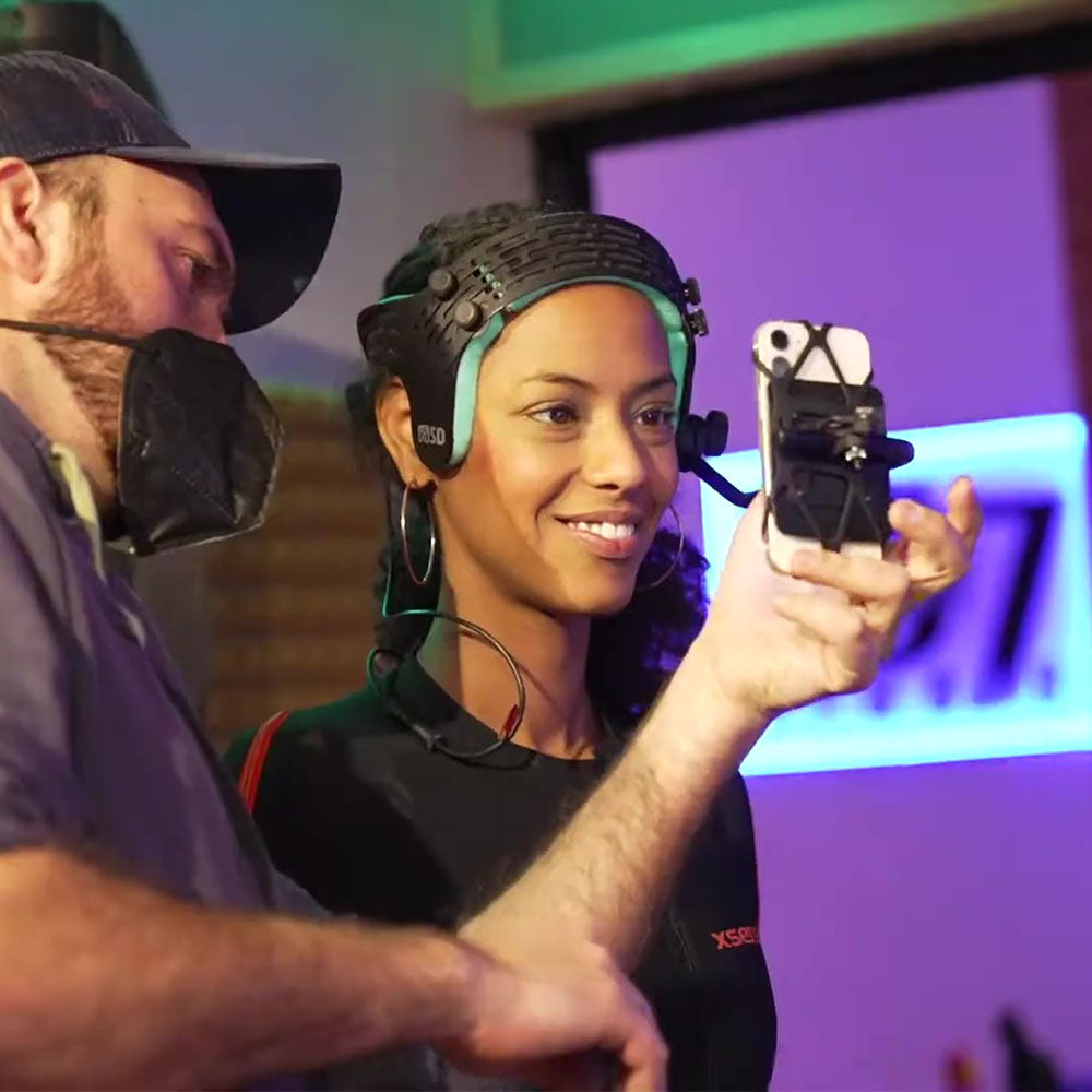 FaceCam iPhone HMC mocap helmet worn by actress during facial motion capture session for Metahuman Animator. Ideal for filmmakers and game developers.