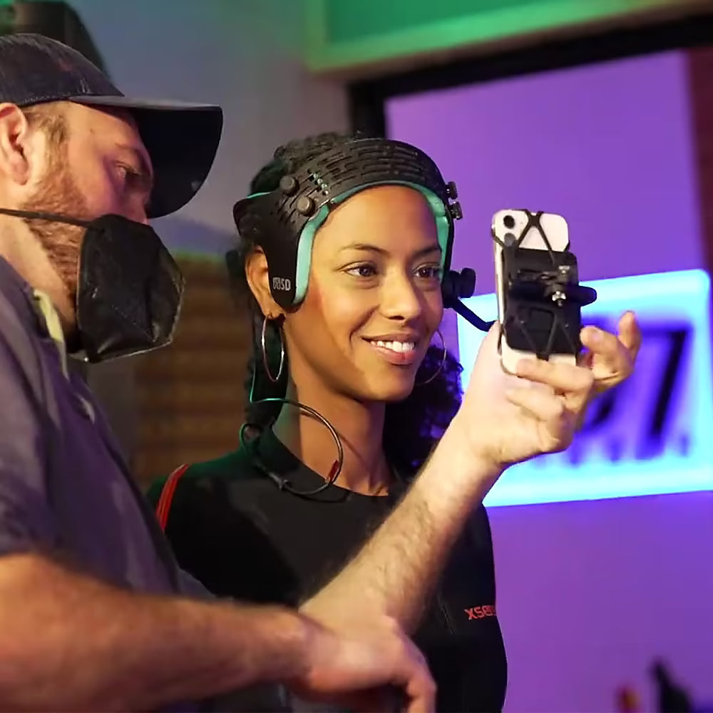 FaceCam iPhone facial mocap headrig worn during professional motion capture session for Metahuman Animator character animation production