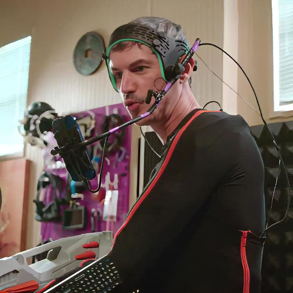 Cory Strassburger wearing our iPhone HMC, (Head Mounted Camera) for facial motion capture, performing as his alter ego, Blu, for his Xanadu Youtube channel.