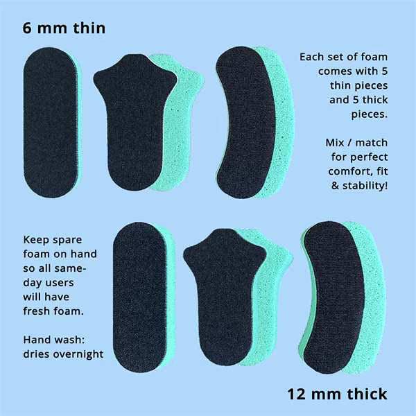 FaceCam's unique and hygeinic 10 piece spare foam set. Mix and match between the 6mm and 12mm thicknesses for the perfect balance between fit and comfort. Each FaceCam includes 5 thin and 5 thick pieces. Spare Foam sets each include 5 thick and 5 thin, for a total of 10 pieces.
Hand wash, dries overnight. Now every performer that's sharing a helmet on the same day can have fresh hygienic foam.
