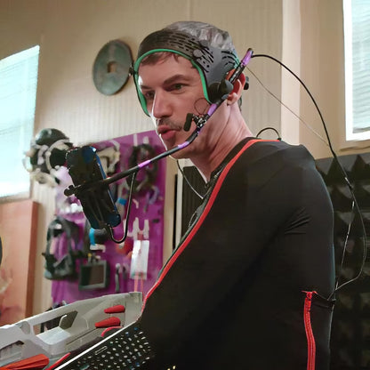 Cory Strassburger wearing our iPhone HMC, (Head Mounted Camera) for facial motion capture, performing as his alter ego, Blu, for his Xanadu Youtube channel. 